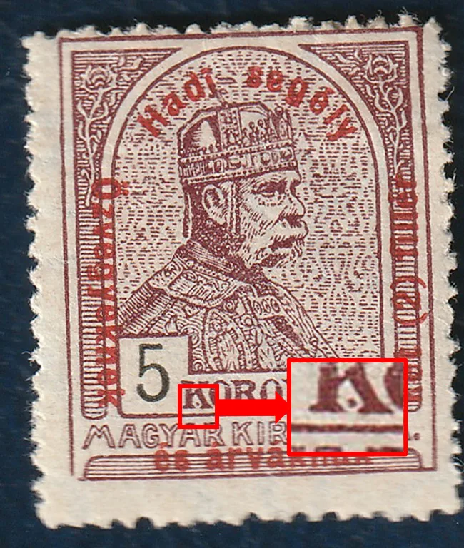 1915. Hadisegély 5 K – pont a K betű alatt